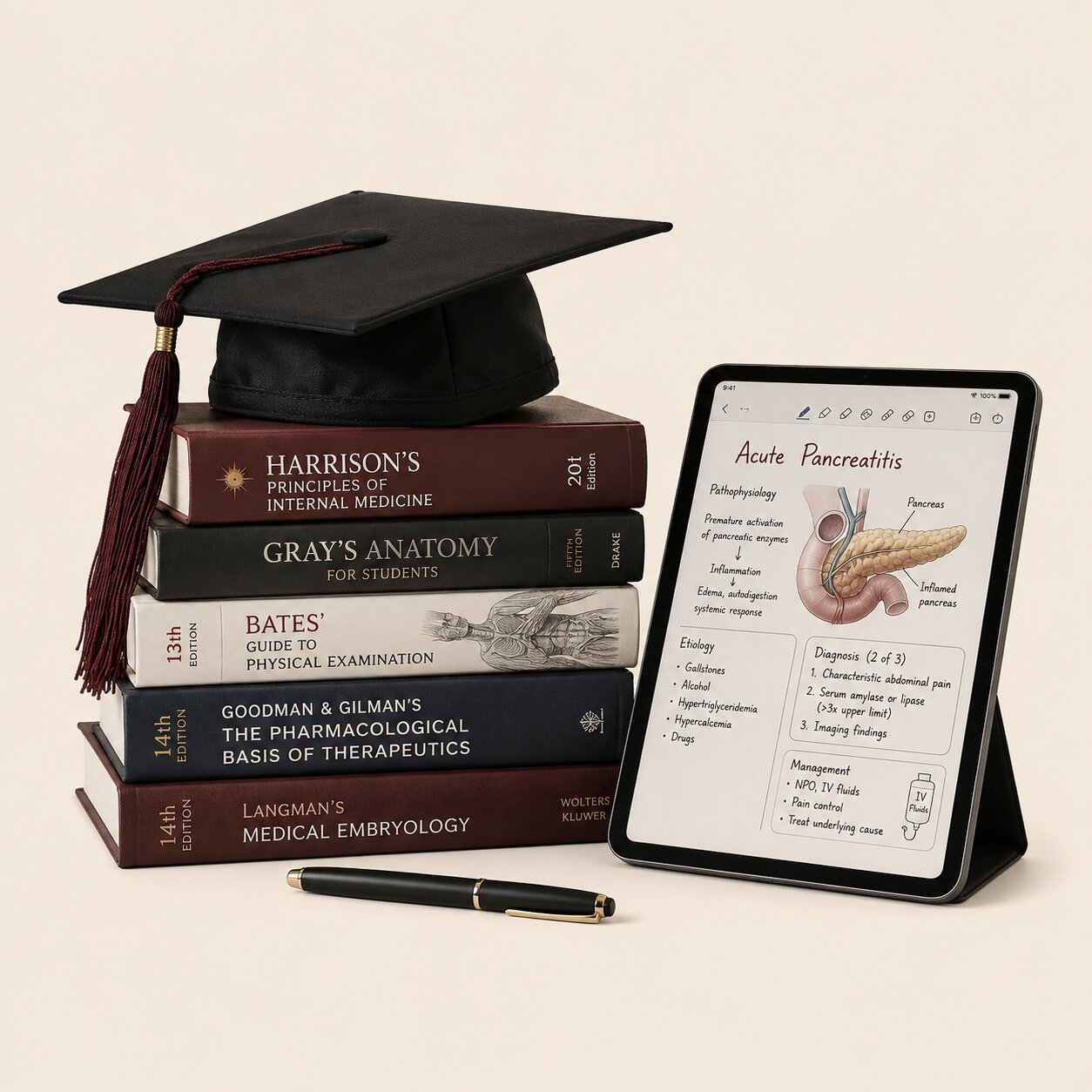 كتب طبية مرجعية وقبعة تخرّج بجانب جهاز لوحي عليه ملخص مكتوب بخط اليد.